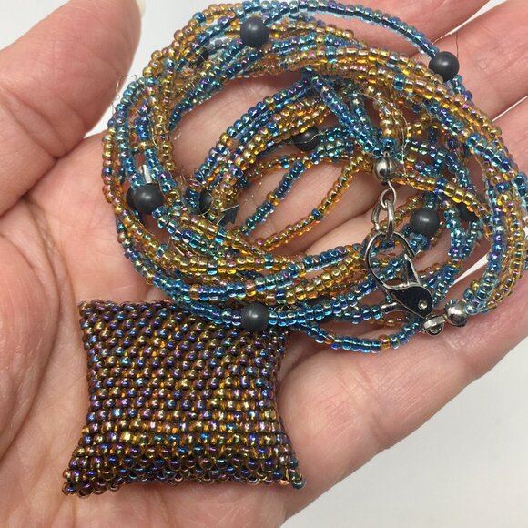 Handmade Iridescent Square Seed Bead Pouch Multi-Strand Matte Hematite Necklace - Picture 13 of 16